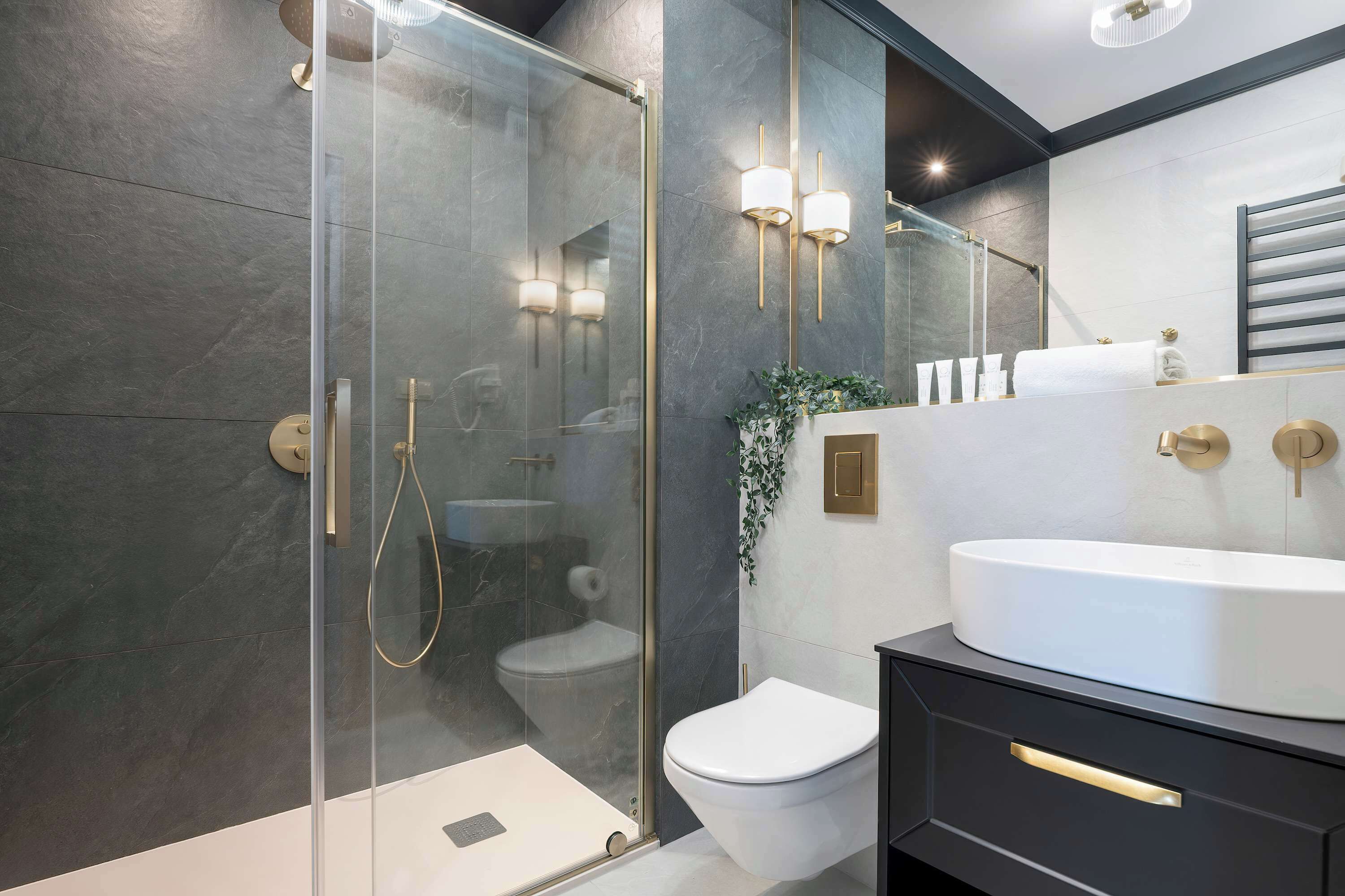 Shower, hair dryer, towels, shampoo