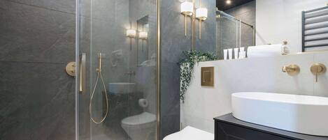 Shower, hair dryer, towels, shampoo