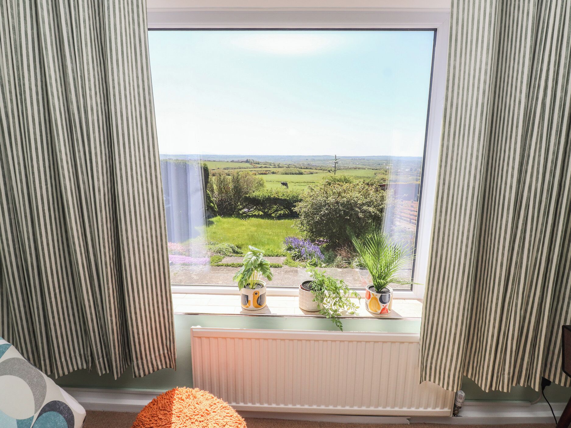 Ein Fenster mit Blick auf eine grüne Landschaft, ein Heizkörper und drei Blumentöpfe auf der Fensterbank.
