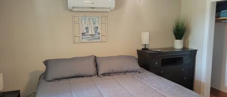 Un dormitorio con cama, ventilador de techo, aire acondicionado, mesita de noche, lámpara, planta y un cuadro en la pared.