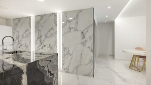 A modern bathroom with a marble vanity, a sink, and a shower area.