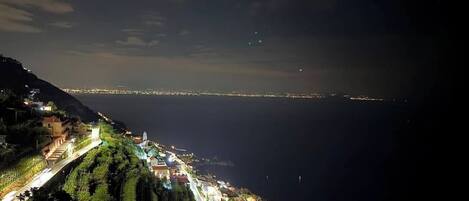 A coastal town at night with a road winding through terraced houses.