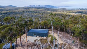 Uma cabana isolada com telhado de metal, cercada por uma floresta densa e montanhas ao fundo.