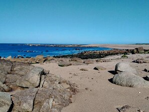 Ein felsiger Strand mit großen Felsen und freiem Blick auf den Ozean.