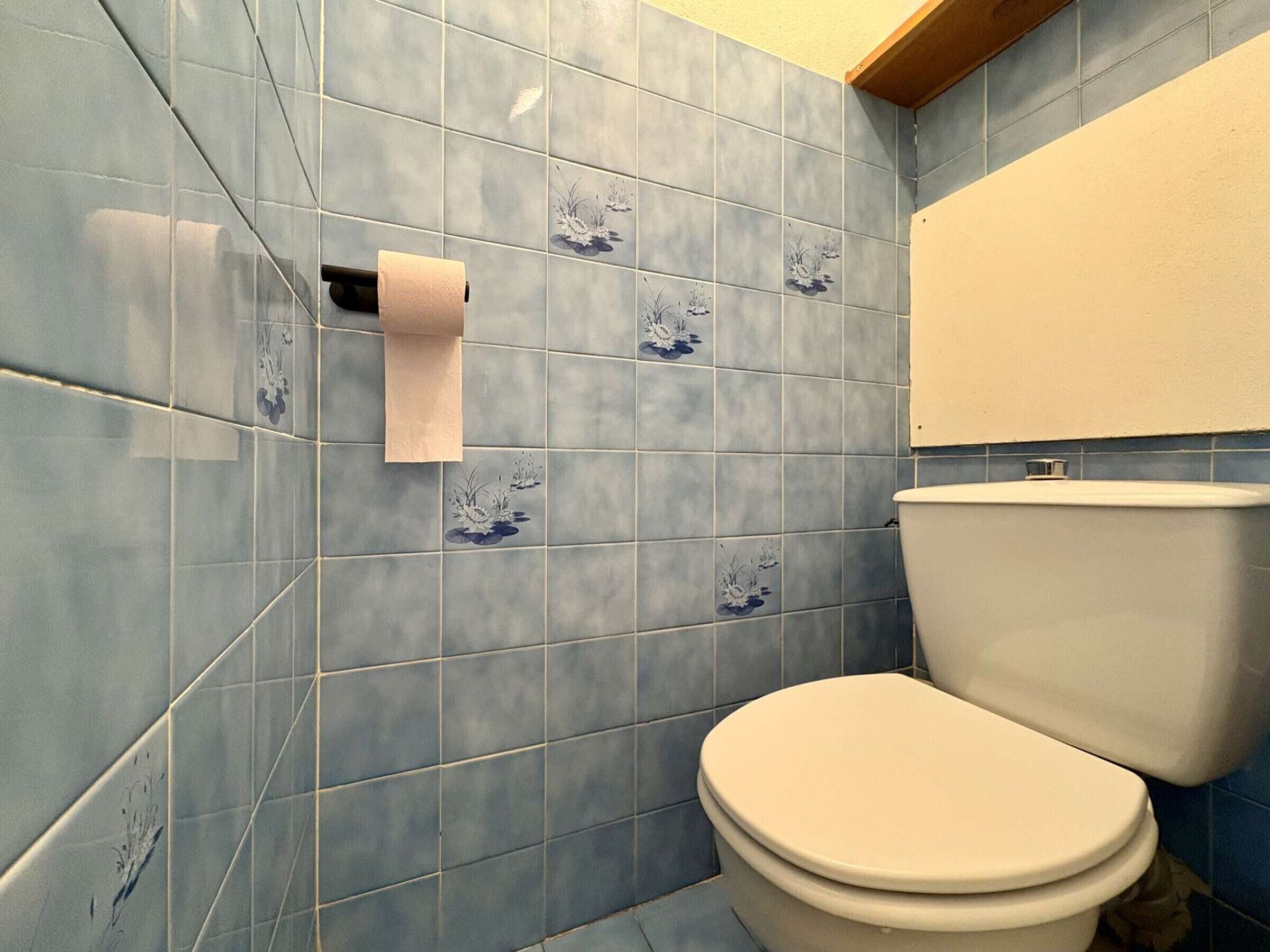 Une salle de bain avec des toilettes, un rouleau de papier toilette et un mur carrelé orné de motifs floraux.