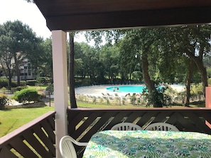 Ein überdachter Außenbereich mit Schwimmbecken, umgeben von Bäumen und einer Rasenfläche.