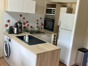 Eine kompakte Küchenzeile mit Waschmaschine, Mikrowelle, kleinem Backofen und Spüle.