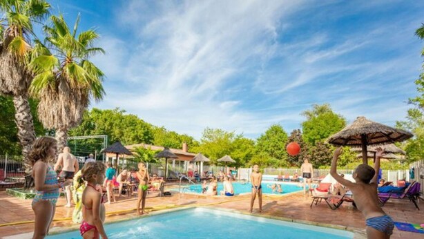 A poolside area with a clear blue pool, palm trees, and umbrellas. - Cozy chalet, pets welcome - 6 guests (Villegly)