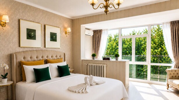 Una habitación de hotel con una cama grande, un radiador, una ventana con cortinas, un candelabro y cuadros en la pared.