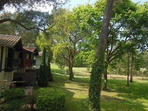 Ein traditionelles Haus mit Ziegeldach, umgeben von üppiger Vegetation und Bäumen.