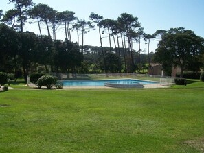 Ein rechteckiger Swimmingpool mit umgebendem Zaun, umgeben von gepflegtem Rasen und hohen Bäumen.
