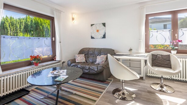 Een moderne woonkamer met een bank, een eettafel, een stoel en een radiator.