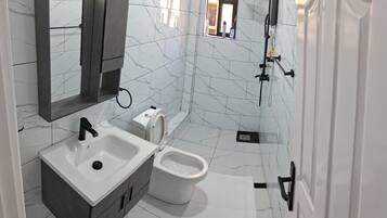 Douche, bidet, serviettes fournies, savon