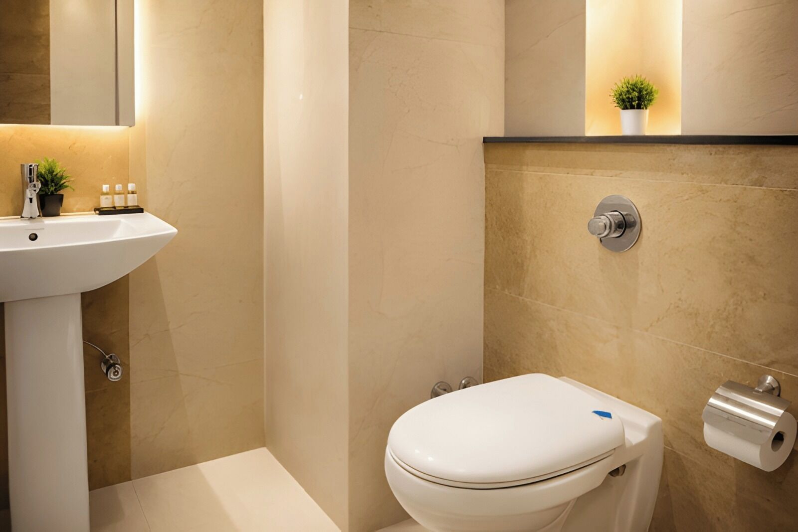 Une salle de bain avec un lavabo blanc, des toilettes et une petite étagère contenant des articles de toilette.