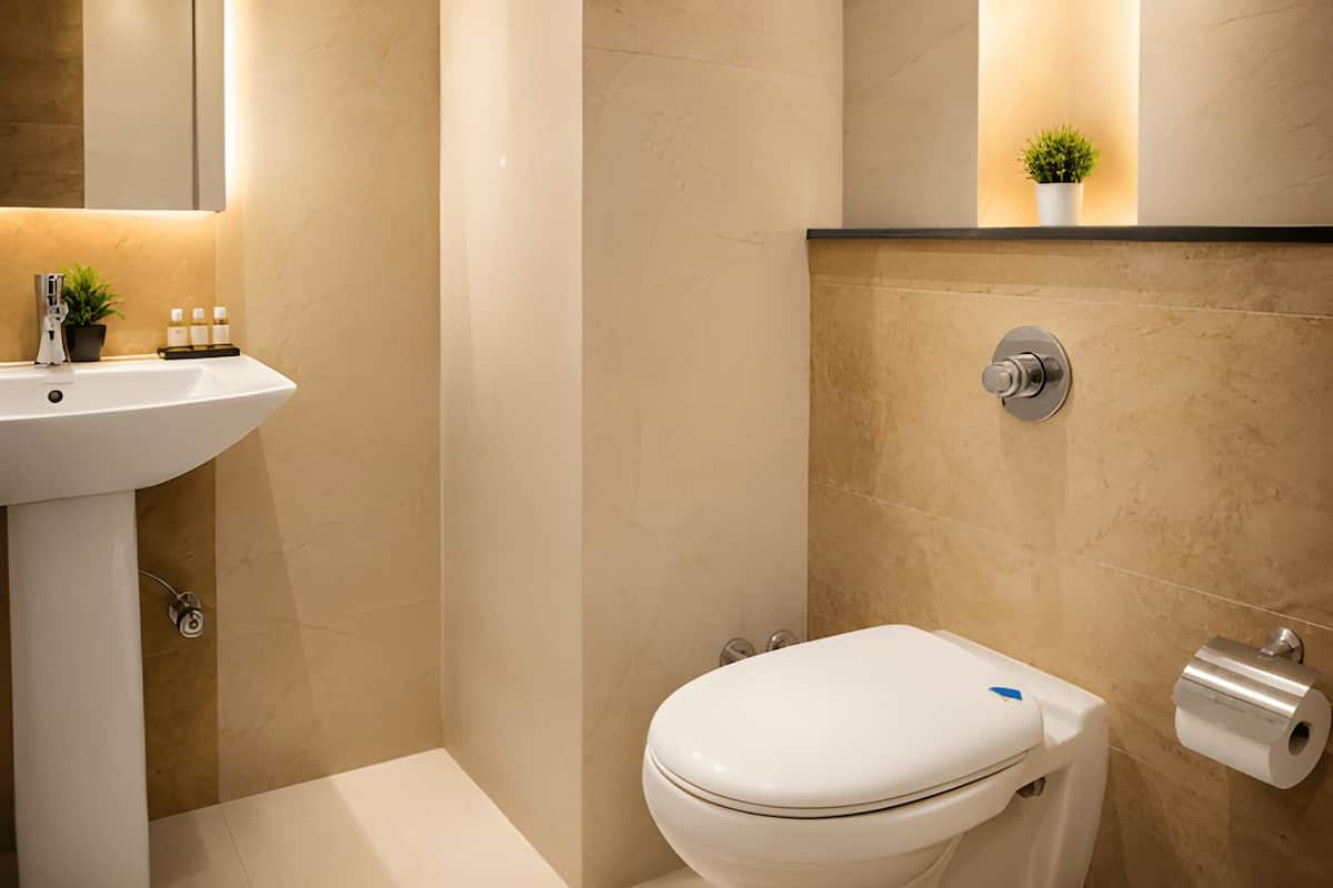 Un baño con lavamanos blanco, inodoro y una pequeña planta en maceta en la pared.