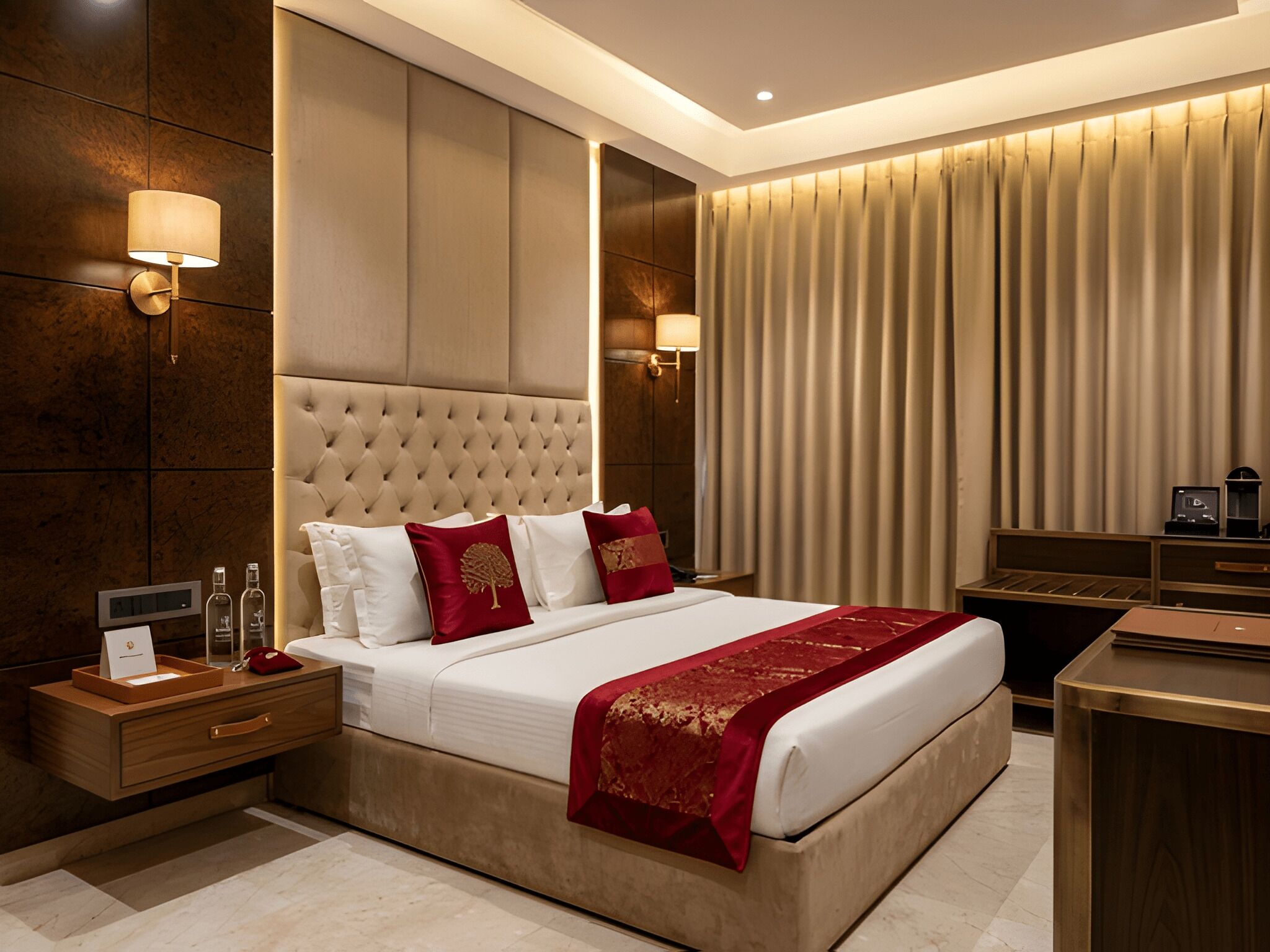 A modern hotel room with a large bed, a nightstand, a desk, and a large window with curtains.