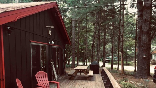 A cabin with a porch, red chairs, and a picnic table. - 3-bedroom cabin in charming Indian Lake (Indian Lake)