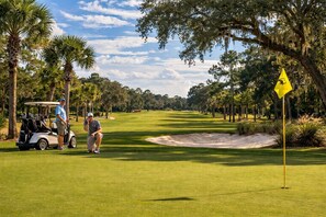 A golf course with a sand bunker, palm trees, and a golf cart. - Master on Gulf & close to Everything & Free round of Golf & Activities Daily! (Panama City Beach)