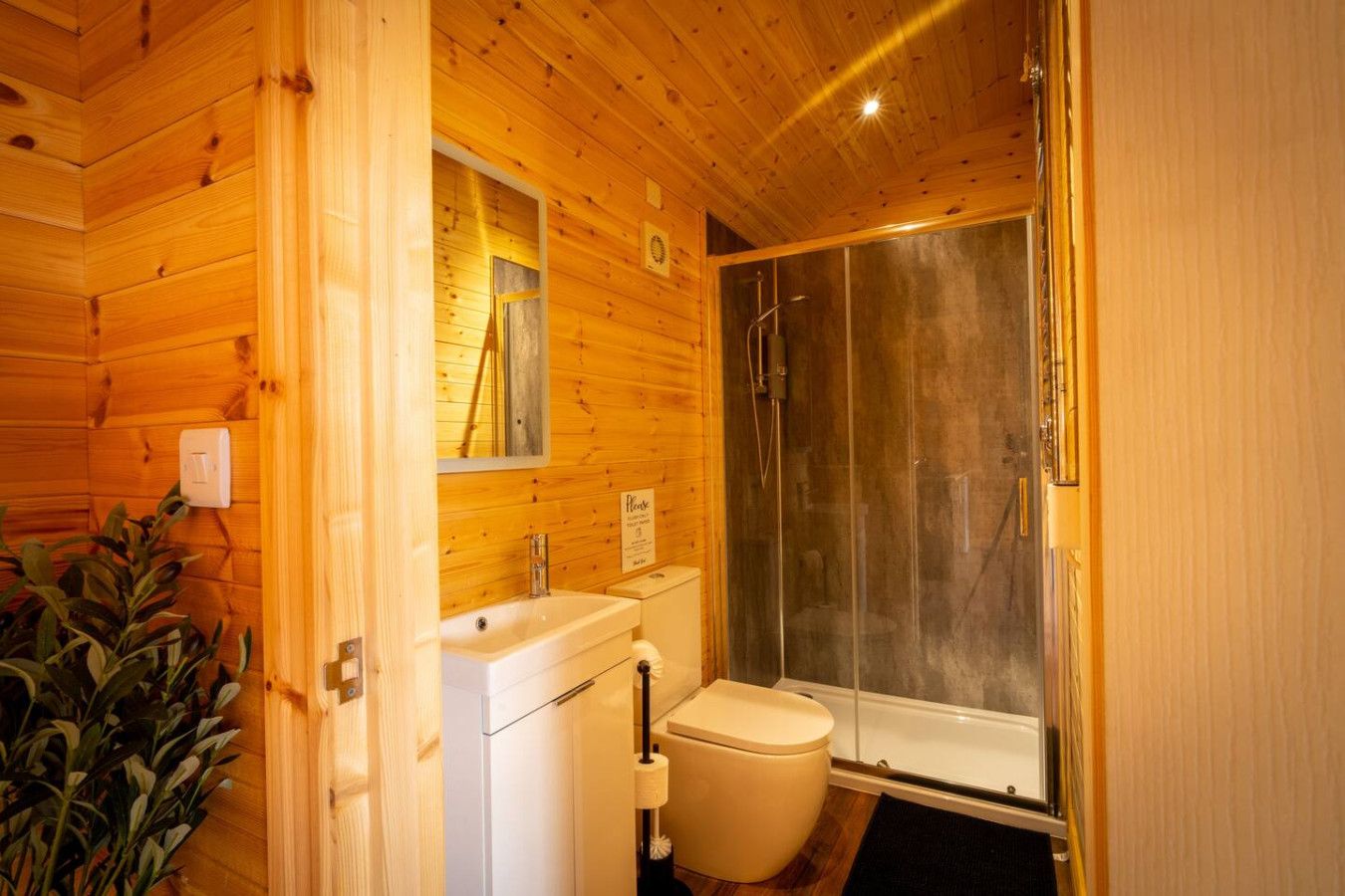 Ein Badezimmer einer Holzhütte mit Toilette, Waschbecken und Dusche.