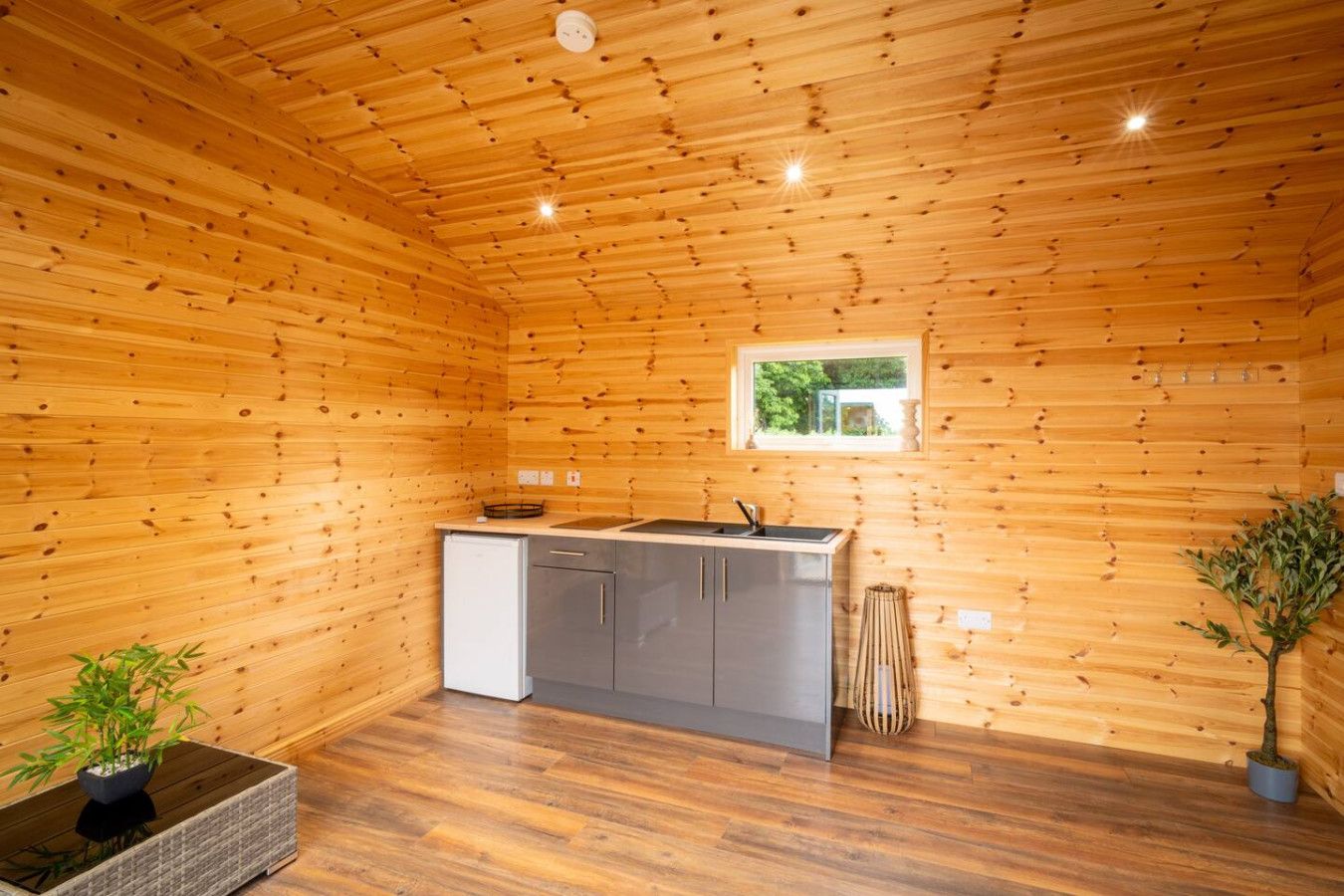 Eine kleine Küche mit Holzwänden, einem Fenster und einem Waschbecken.
