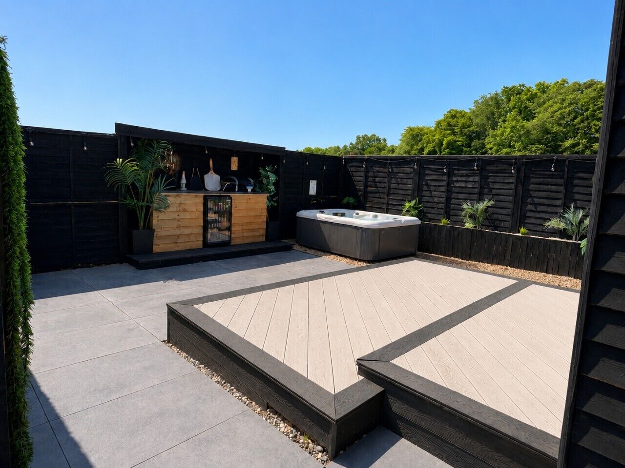 A patio with a hot tub, wooden deck, and a black fence.