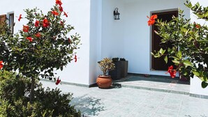 Um edifício branco com entrada em azulejos, plantas em vasos e uma porta.