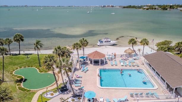 A resort with a swimming pool, lounge chairs, palm trees, and a view of the ocean with boats. - Your own Tropical Resort Heated Pool Pickleball (St. Petersburg)