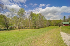 A grassy field with trees and a building with a green roof. - Butler Cabin w/ Fire Pit: 7 Mi to Doe Mtn! (Mountain City)
