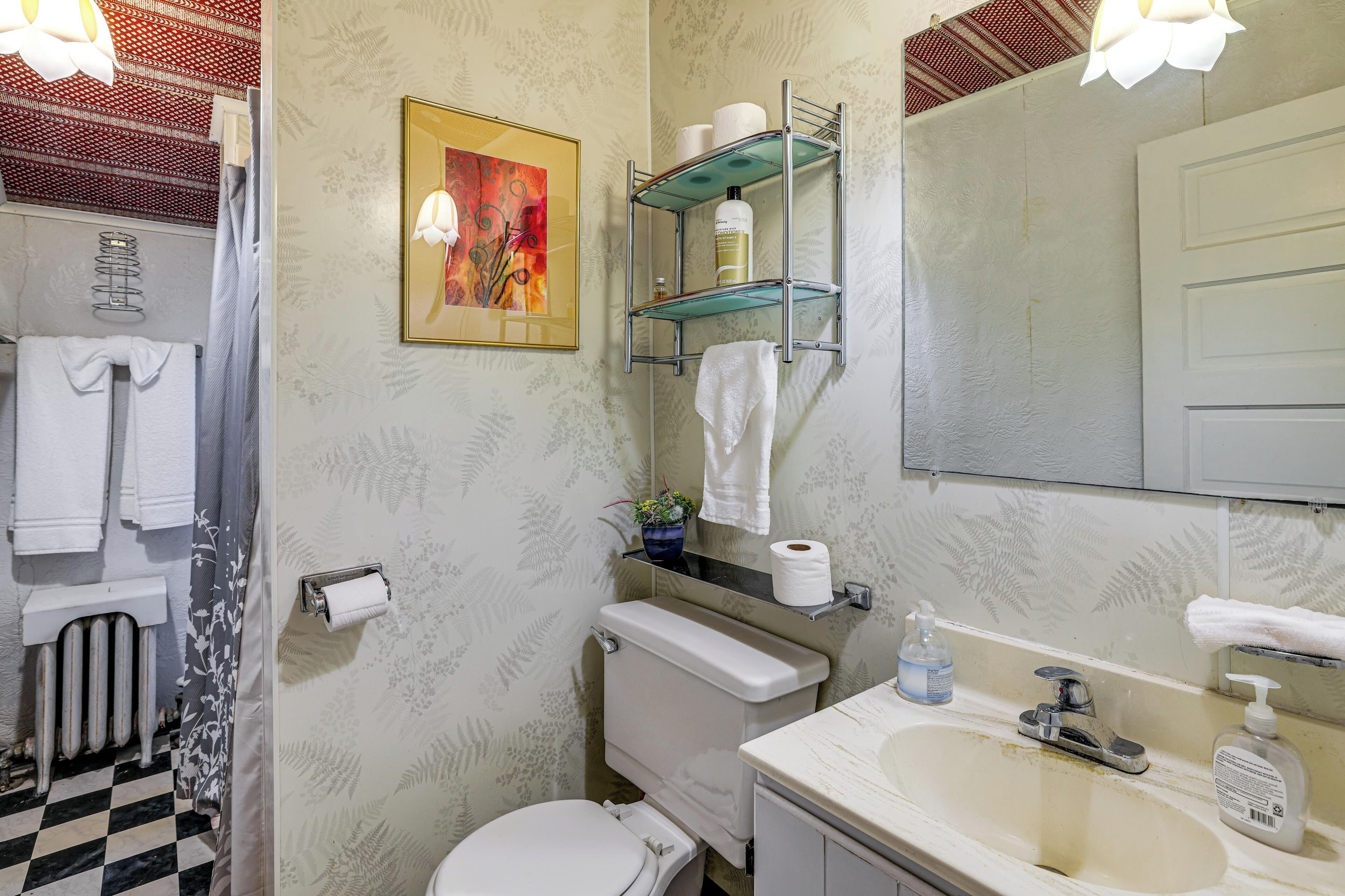 Une salle de bain équipée d’un WC, d’un lavabo, d’un miroir, d’un porte-serviettes et d’un rideau de douche.