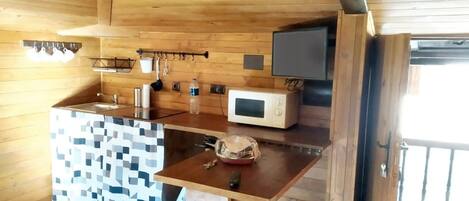 Fridge, microwave, stovetop, coffee/tea maker