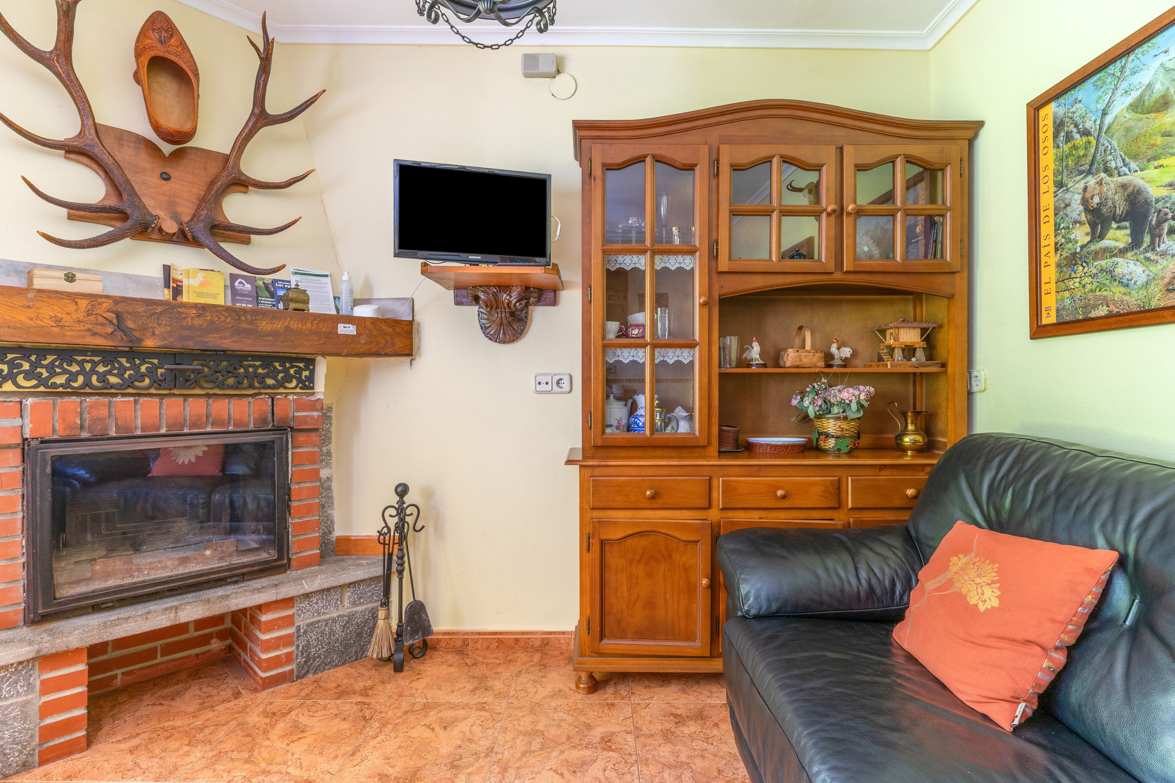 Een woonkamer met een open haard, een televisie bevestigd aan een houten dressoir, een leren bank en een kast met glazen deuren.