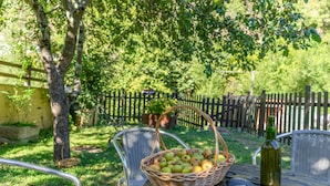 A picnic table with a basket of fruit, a bottle, and metal chairs.