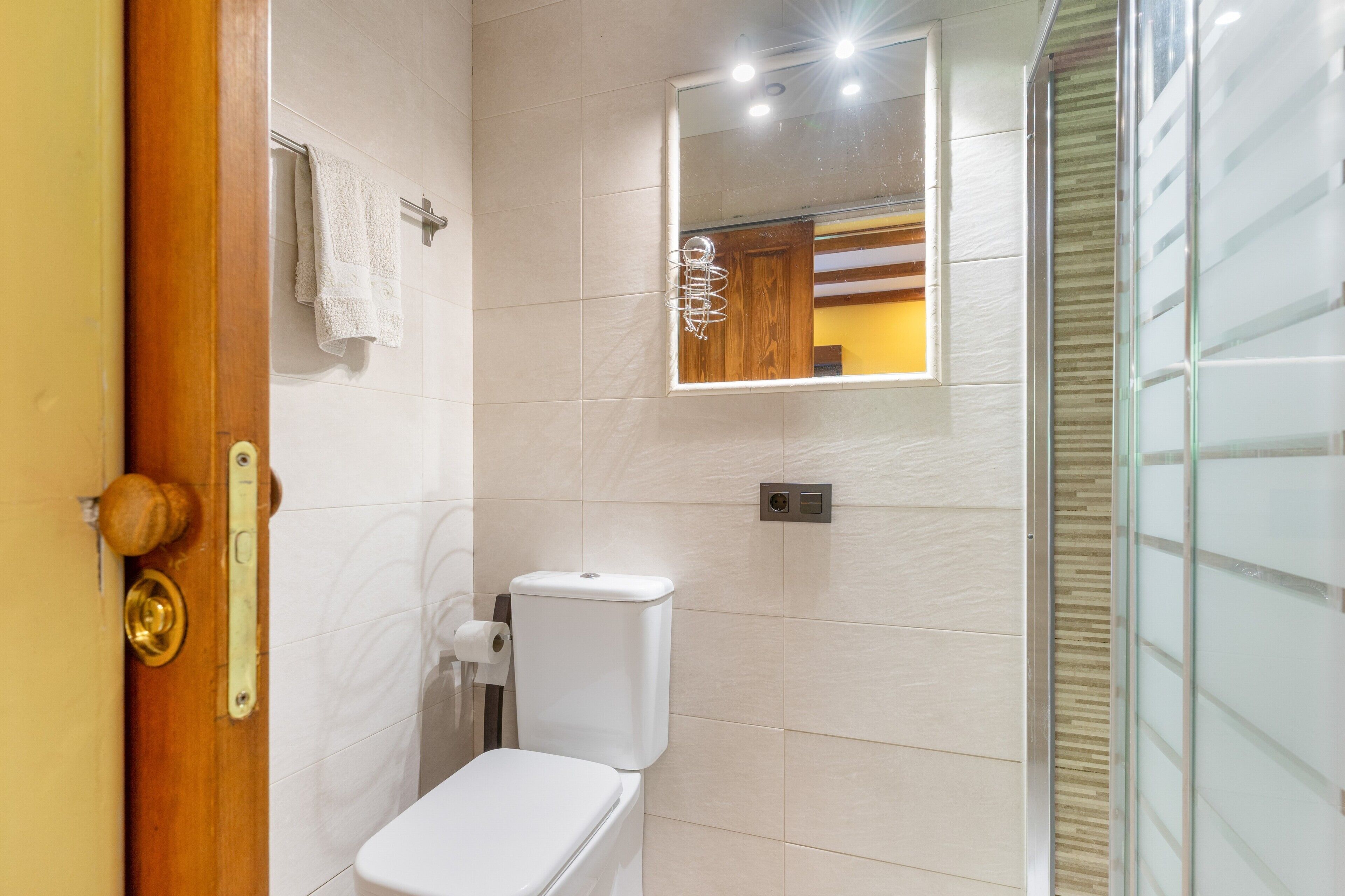Un baño con inodoro, toallero, espejo y cabina de ducha de vidrio.
