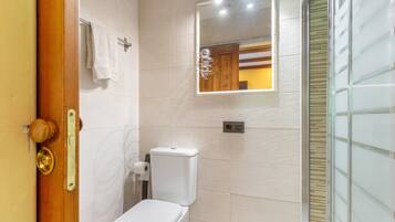 Un baño con inodoro, toallero, espejo y cabina de ducha de vidrio.