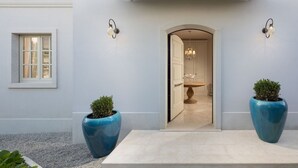 A modern entrance with a curved ceiling, two large potted plants, and a doorway leading to a room with a chandelier. - Villa Cesara - Casa del Sole (Vabriga)