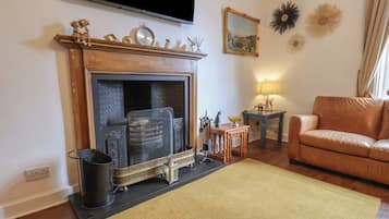 A living room with a fireplace, a sofa, a television mounted on the wall, and decorative items.