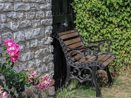 A stone wall, a bench, and a hedge.