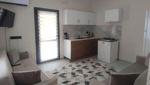 Un salon moderne comprenant un canapé, une table basse et un coin cuisine avec des placards et une cuisinière.