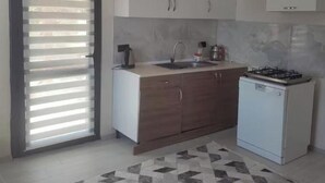 Une cuisine équipée d’une cuisinière à gaz, d’un évier et de placards.