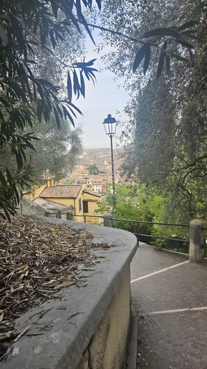 A paved pathway leading to a building with a tiled roof, surrounded by dense foliage and a street lamp. - Apartment 'Bloom' with Wi-Fi and Air Conditioning (Verona)