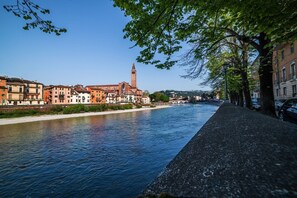 Ein Fluss mit Gebäuden an einer Seite und einem von Bäumen gesäumten Bürgersteig an der anderen.