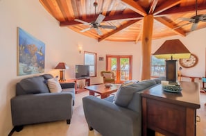 Ein Wohnzimmer mit Deckenventilator, Sofas, einem Fernseher und einem Gemälde.