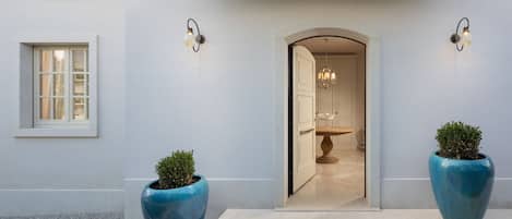 A modern building entrance with a large potted plant, a door leading to a room, and a light fixture on the wall.
