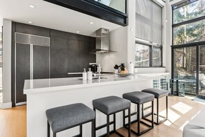 Fridge, microwave, oven, stovetop - Modern Retreat by InvitedHome | Village, Hot Tub, Theater, Large Patio (Vail)
