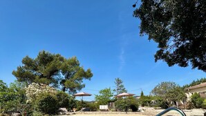 A swimming pool with a metal ladder, surrounded by trees and a clear blue sky. - The Villa des OLiviers and its superb swimming pool (Bagard)