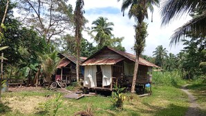 Two rustic wooden cabins surrounded by lush greenery and a clear sky.