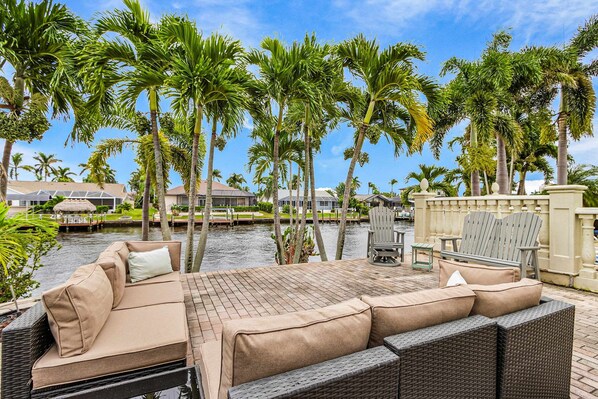 Terrace/patio - Striking European-style home w/ private pool, hot tub & river access via dock (Cape Coral)