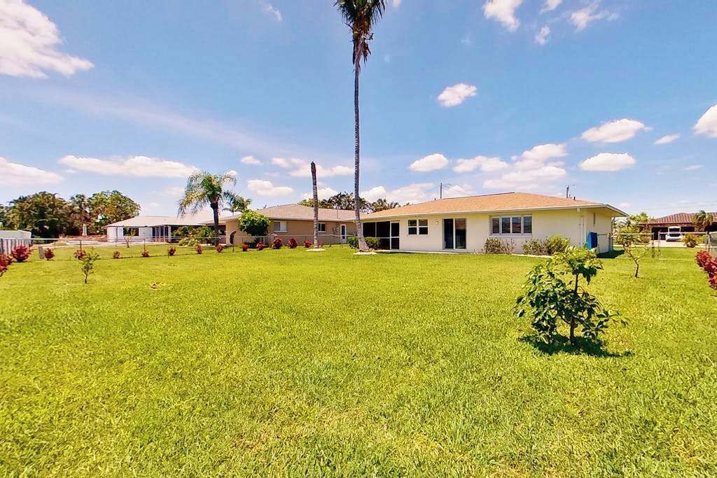 A residential property with a well-maintained lawn, a single-story house with a flat roof, and a tall palm tree.