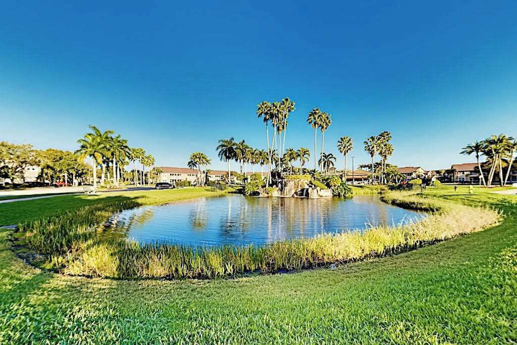 A landscaped area with a pond, palm trees, and buildings in the background.
