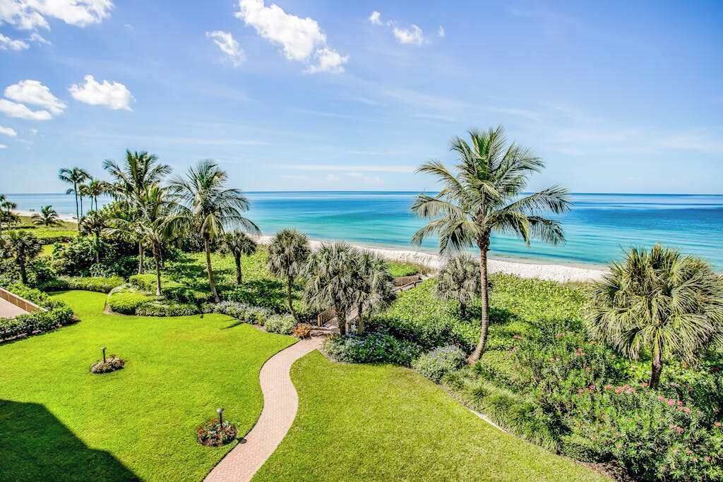 Ein gepflegter Garten mit einem Weg zum Strand, umgeben von Palmen und üppiger Vegetation.